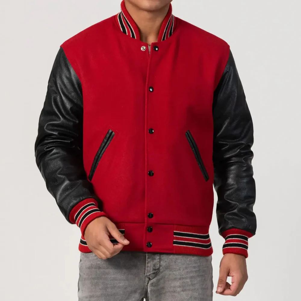 Scarlet Red Body & Black Sleeves Feathered Knit Trim Varsity Jacket