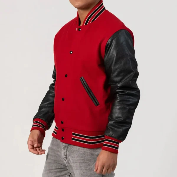 Scarlet Red Body & Black Sleeves Feathered Knit Trim Varsity Jacket