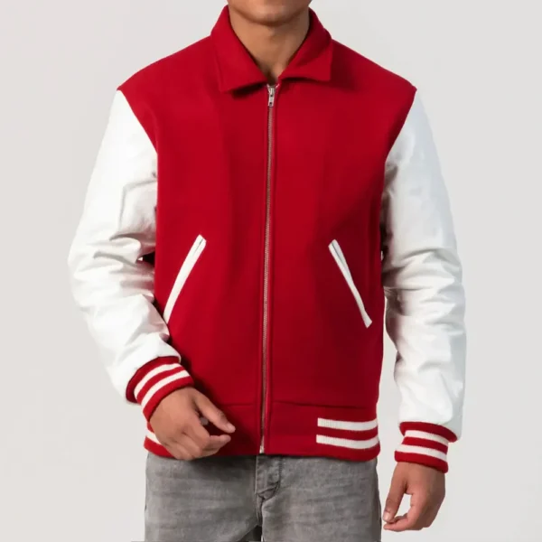 Scarlet Wool Body & White Leather Sleeves Zipper Varsity Jacket