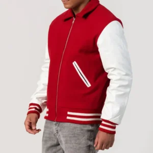 Scarlet Wool Body & White Leather Sleeves Zipper Varsity Jacket