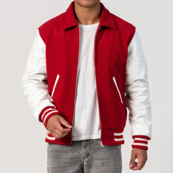 Scarlet Wool Body & White Leather Sleeves Zipper Varsity Jacket