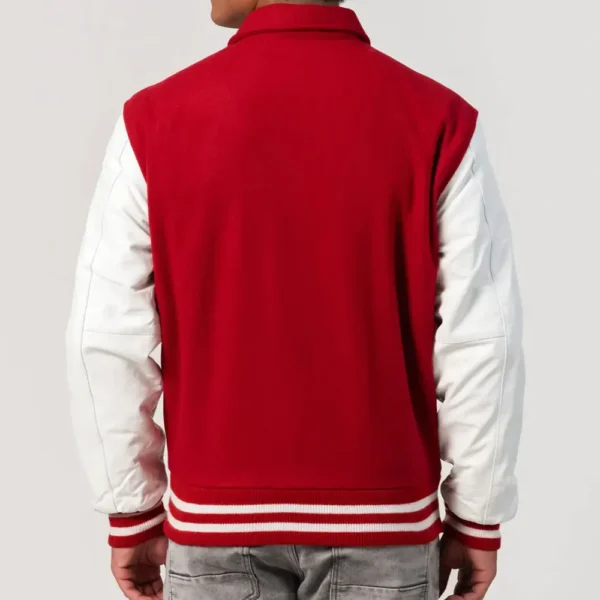 Scarlet Wool Body & White Leather Sleeves Zipper Varsity Jacket