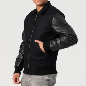 Black Body & Cowhide Leather Sleeves Zipper and Byron Collar Jacket