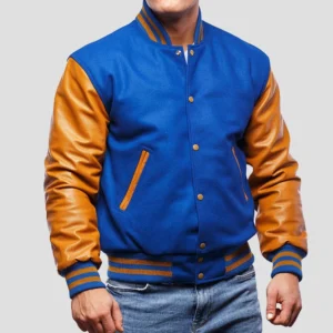 Bright Royal Wool Body & Old Gold Leather Sleeves Varsity Jacket