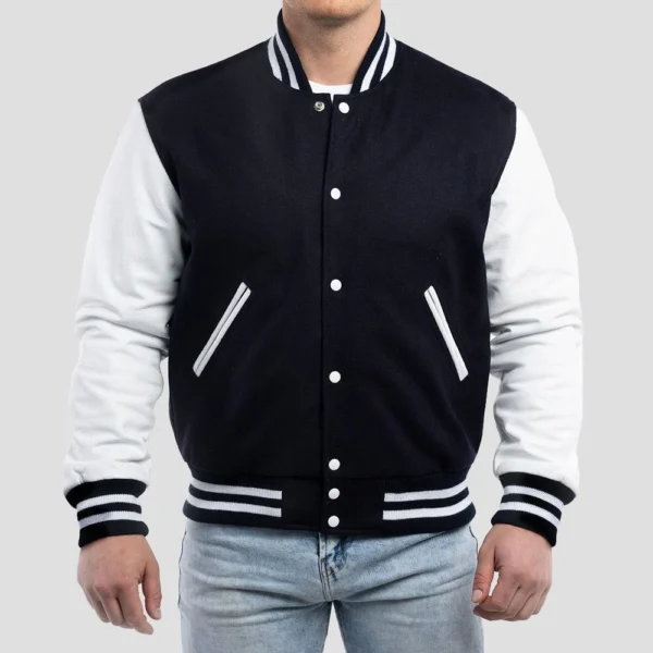 Navy Blue Wool Body & Bright White Leather Sleeves Varsity Jacket