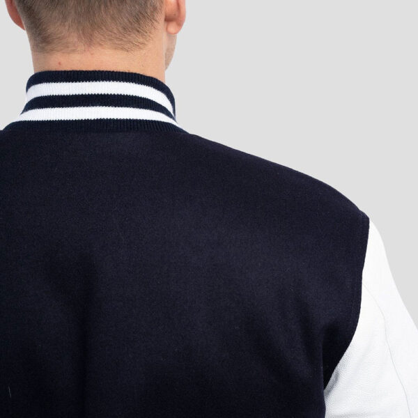 Navy Blue Wool Body & Bright White Leather Sleeves Varsity Jacket