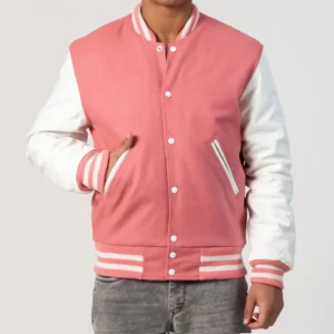 Pink Wool Body & Bright White Leather Sleeves Varsity Jacket