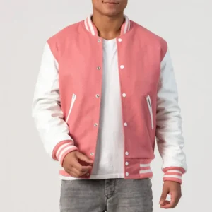 Pink Wool Body & Bright White Leather Sleeves Varsity Jacket