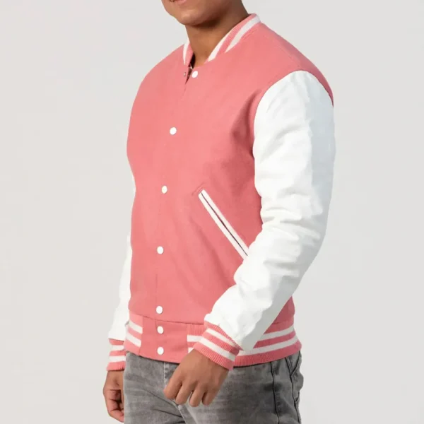 Pink Wool Body & Bright White Leather Sleeves Varsity Jacket