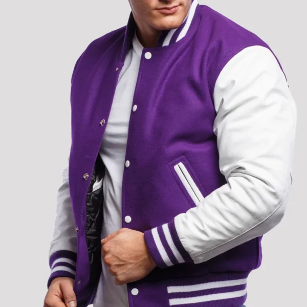 Purple Wool Body & Bright White Leather Sleeves Varsity Jacket