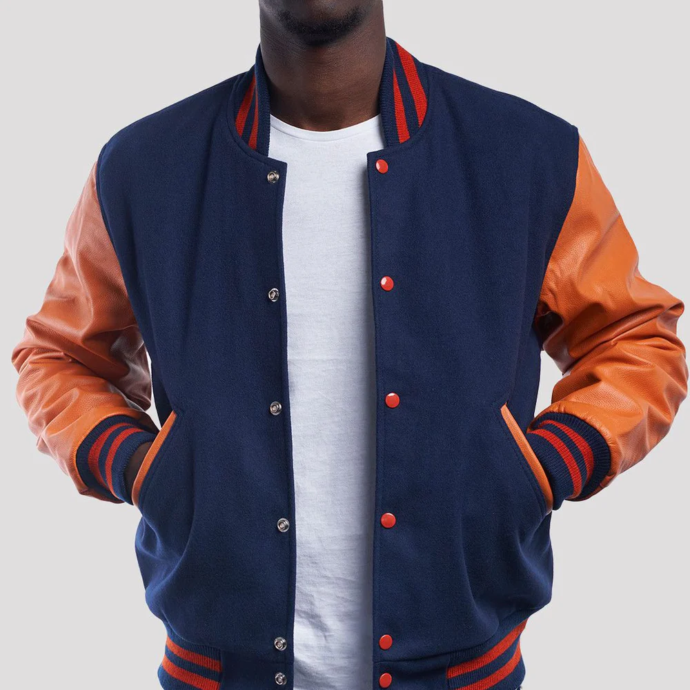 Royal Wool Body & Orange Leather Sleeves Varsity Jacket